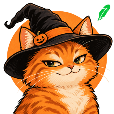 October Kitty, a mischievous orange cat wearing a black witch hat, with a bright green feather accent